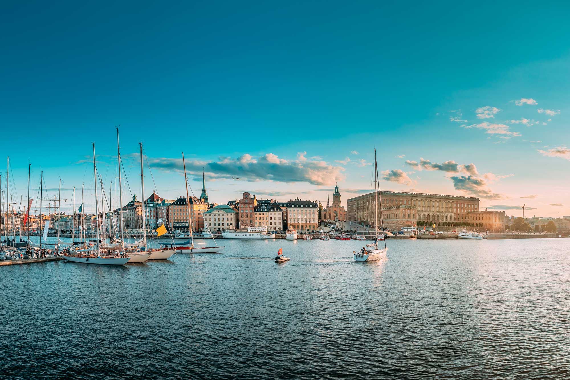 Sailboats in a harbor in Stockholm, Sweden.
